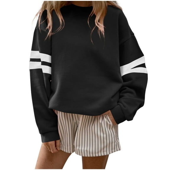 MELDVDIB Womens Sweatshirt Striped Print Long Sleeve Oversized Hoodless Sweatshirt Fall Winter Fashion Casual Crewneck Pullover Tops Black M