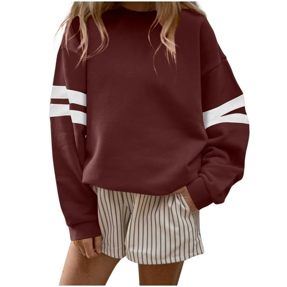 MELDVDIB Womens Sweatshirt Striped Print Long Sleeve Oversized Hoodless Sweatshirt Fall Winter Fashion Casual Crewneck Pullover Tops Wine L