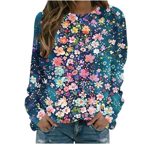 MELDVDIB Womens Sweatshirts Fall Winter Fashion Casual Floral Printed Long Sleeve Crewneck Hoodless Sweatshirts Pullover Tops Multicolor M