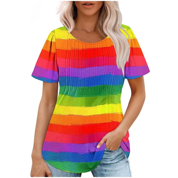 MELDVDIB Womens T-Shirt Colorful Striped Print Layered Short Sleeve Summer Tops Light Weight Breathable Crewneck Pullover Tees Blouse