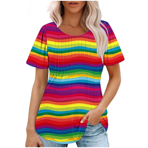 MELDVDIB Womens T-Shirt Colorful Striped Print Layered Short Sleeve Summer Tops Light Weight Breathable Crewneck Pullover Tees Blouse