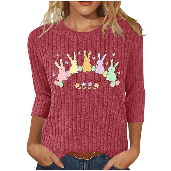 MELDVDIB Womens T-Shirts Ribbed Textured Easter Printed Loose Summer Tops Crew Neck 3/4 Sleeve Shirts Stretch Comfy Tees