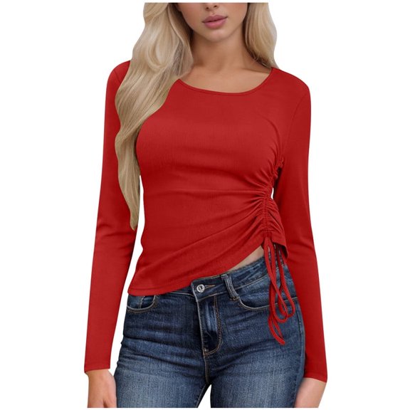 MELDVDIB Womens T-Shirts Single Side Drawstring Cropped Crewneck Tees Spring Fall Long Sleeve Shirts Light Weight Pullover Tops