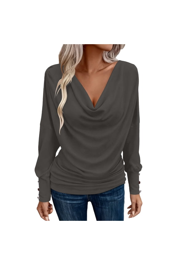 Womens T-Shirts V-Neck Fashion Casual Solid Color Long Sleeve Shirts Spring Fall Tops Light Weight Tops Tees Blouse