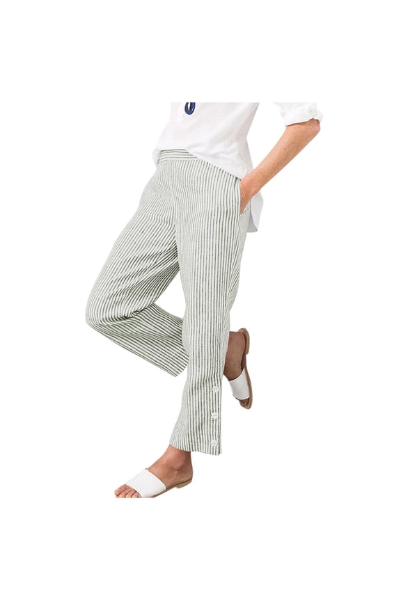 Womens Wide Leg Pants Baggy Striped Printed Elastic Waist Walking Pant Fashion Casual Side Button Split Lounge Trousers with Pockets Army Green L