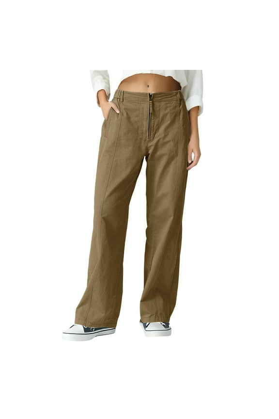 Womens Wide Leg Pants Baggy Zip Front Waisted Walking Pants Fashion Casual Solid Color Comfy Lounge Trousers with Pockets Army Green 2XL