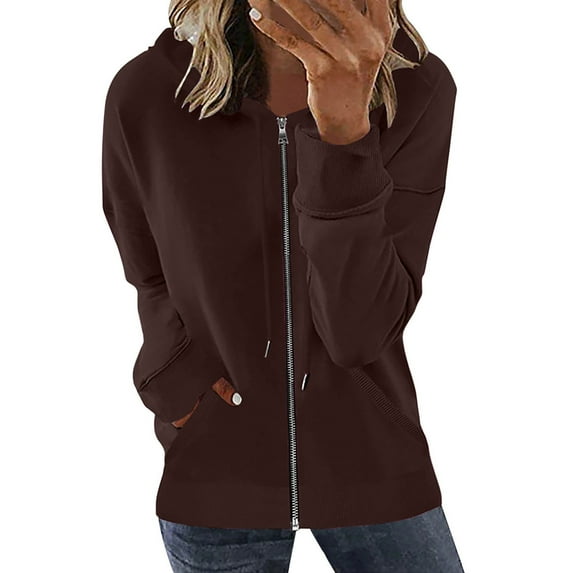 MELDVDIB Womens Zip Up Hoodies Fall Winter Long Sleeve Oversized Hooded Sweatshirts Fashion Casual Solid Color Stretch Comfy Jacket Tops with Pocket Coffee XL