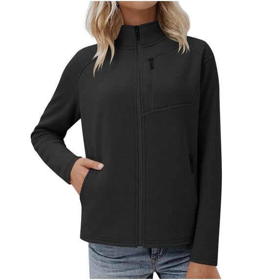 MELDVDIB Womens Zip-Up Fleece Jackets Fashion Casual Solid Color Slim Coat Fall Winter Long Sleeve Stand Collar Blouse with Zipper Pockets