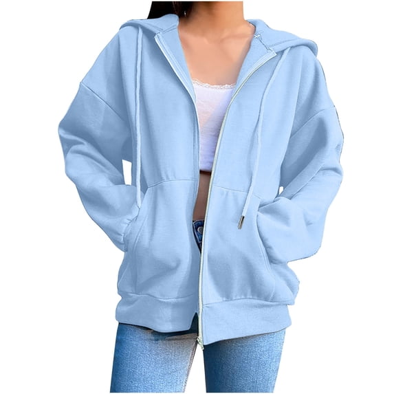 MELDVDIB Womens Zip Up Hoodies Fall Winter Long Sleeve Oversized Sweatshirt Fashion Casual Solid Color Hooded Jacket with Pockets Light Blue M