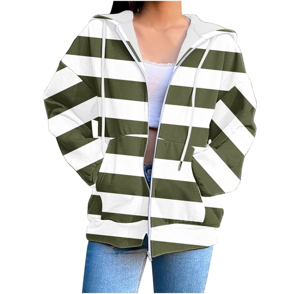MELDVDIB Womens Zip Up Hoodies Fall Winter Long Sleeve Oversized Sweatshirt Fashion Casual Striped Printed Hooded Jacket with Pockets Army Green 3XL