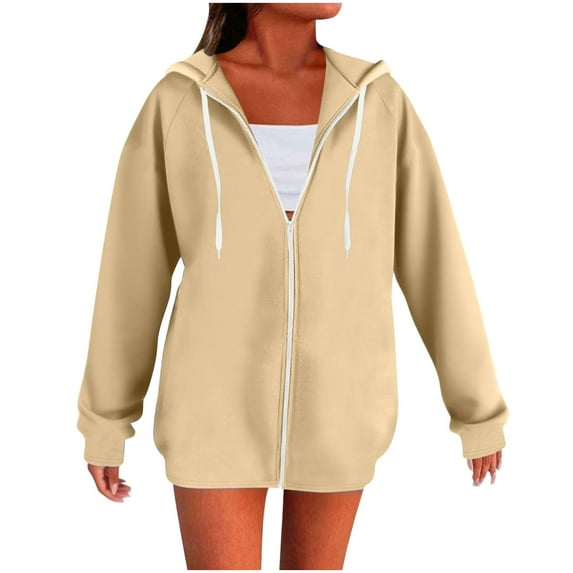 MELDVDIB Womens Zip-Up Hoodies Fashion Casual Solid Color Oversized Hooded Sweatshirts Fall Winter Long Sleeve Sport Jacket Tops Beige M