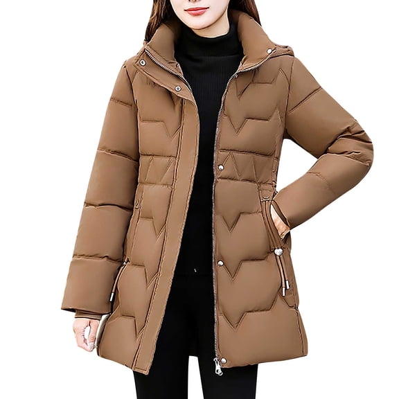 MELDVDIB Womens Zip-Up Quilted Puffer Jacket Solid Color Hooded Coat Winter Mid-Length Warm Padded Outwear with Pocket