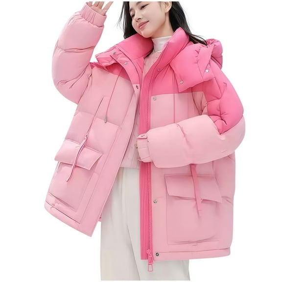 MELDVDIB Womens Zip-Up Quilted Puffer Jacket Thickened Color Block Hooded Coat Winter Mid-Length Warm Padded Outwear with Pocket