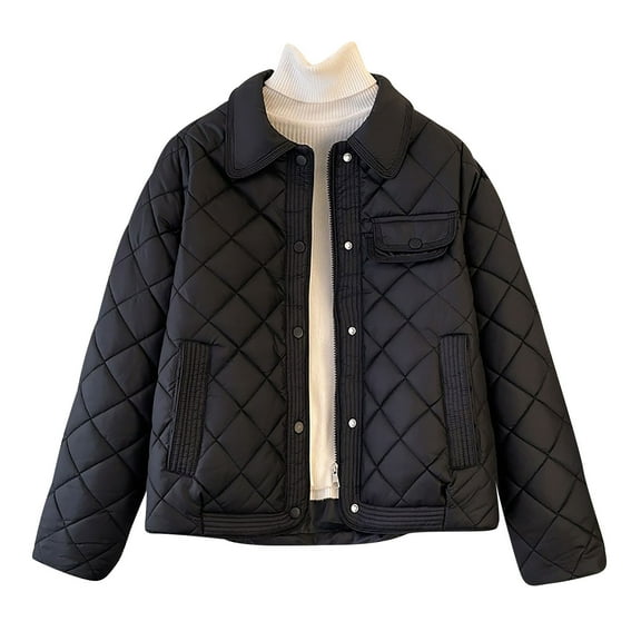 MELDVDIB Womens Zip-Up Quilted Puffer Jacket Turn Down Neck Solid Color Coat Winter Oversized Warm Padded Outwear with Pocket
