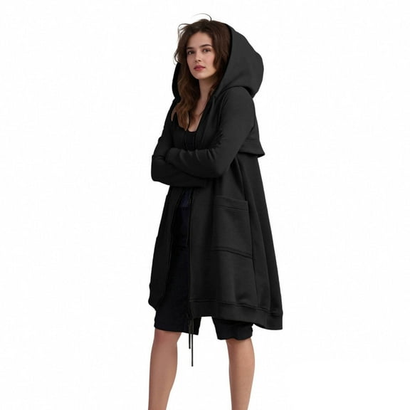 MELDVDIB Womens Zip-Up Trench Coat Thickening Long Sleeve Hooded Shacket with Pockets Solid Color Oversized Fall Winter Cardigan Outerwear Black M