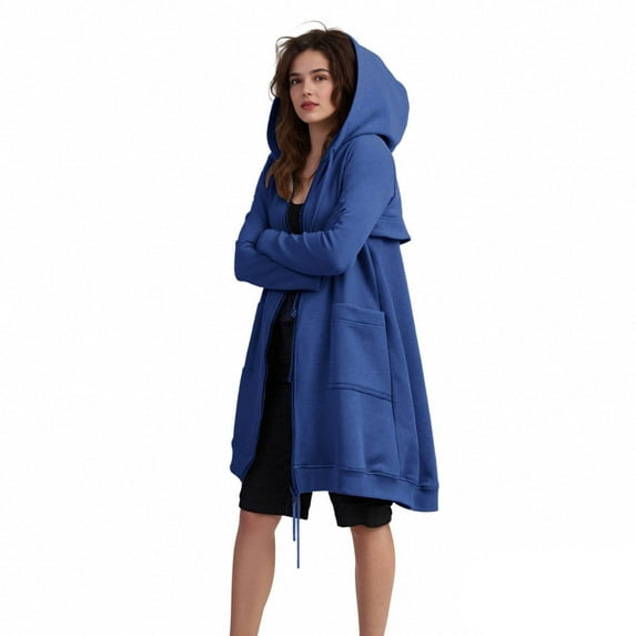 MELDVDIB Womens Zip-Up Trench Coat Thickening Long Sleeve Hooded Shacket with Pockets Solid Color Oversized Fall Winter Cardigan Outerwear Blue L
