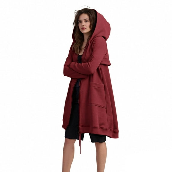 MELDVDIB Womens Zip-Up Trench Coat Thickening Long Sleeve Hooded Shacket with Pockets Solid Color Oversized Fall Winter Cardigan Outerwear Red M