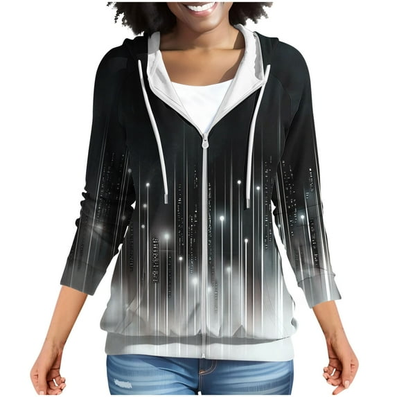 MELDVDIB Womens Zip-up Hoodies Fall Winter Long Sleeve Hooded Sweatshirts Fashion Casual Printed Jacket with Pocket Black M