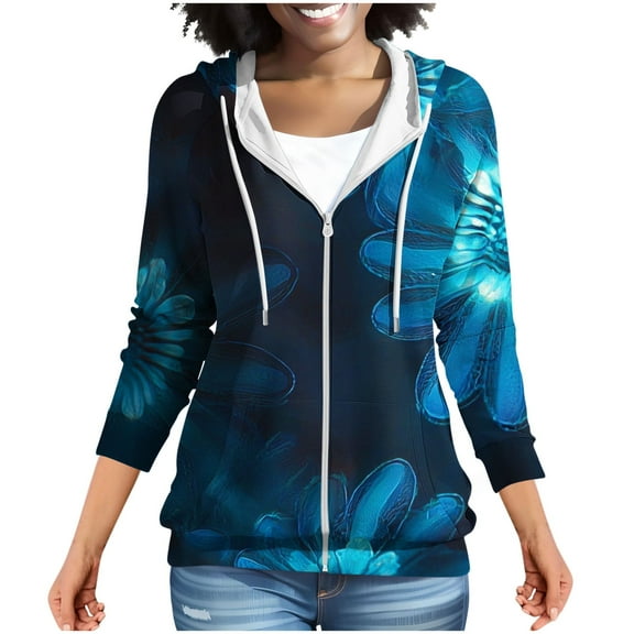MELDVDIB Womens Zip-up Hoodies Fall Winter Long Sleeve Hooded Sweatshirts Fashion Casual Printed Jacket with Pocket Blue L