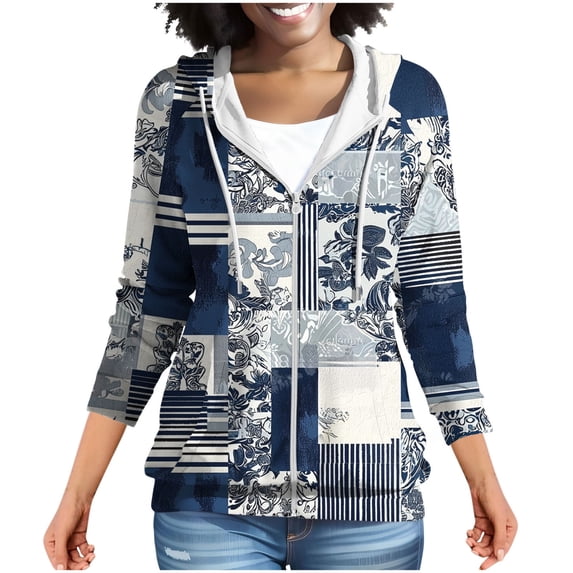 MELDVDIB Womens Zip-up Hoodies Fall Winter Long Sleeve Hooded Sweatshirts Fashion Casual Printed Jacket with Pocket Blue M