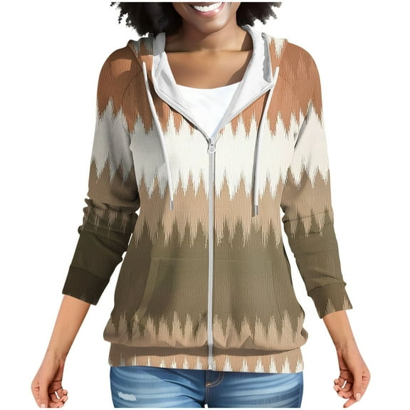 MELDVDIB Womens Zip-up Hoodies Fall Winter Long Sleeve Hooded Sweatshirts Fashion Casual Printed Jacket with Pocket Khaki XL