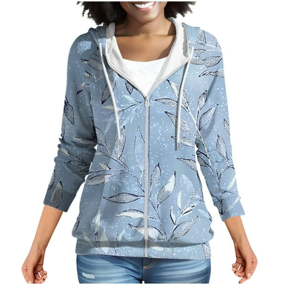 MELDVDIB Womens Zip-up Hoodies Fall Winter Long Sleeve Hooded Sweatshirts Fashion Casual Printed Jacket with Pocket Light Blue XL