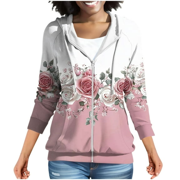 MELDVDIB Womens Zip-up Hoodies Fall Winter Long Sleeve Hooded Sweatshirts Fashion Casual Printed Jacket with Pocket Pink S