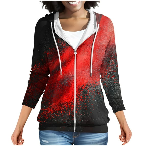 MELDVDIB Womens Zip-up Hoodies Fall Winter Long Sleeve Hooded Sweatshirts Fashion Casual Printed Jacket with Pocket Red 2XL