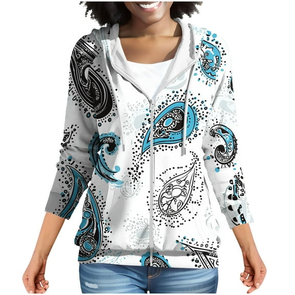 MELDVDIB Womens Zip-up Hoodies Fall Winter Long Sleeve Hooded Sweatshirts Fashion Casual Printed Jacket with Pocket White XL