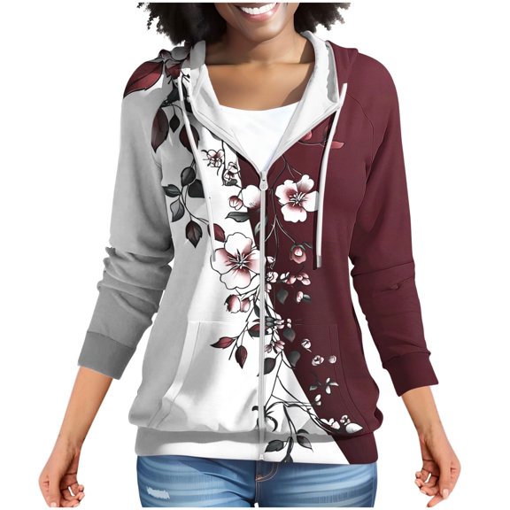MELDVDIB Womens Zip-up Hoodies Fall Winter Long Sleeve Hooded Sweatshirts Fashion Casual Printed Jacket with Pocket Wine XL