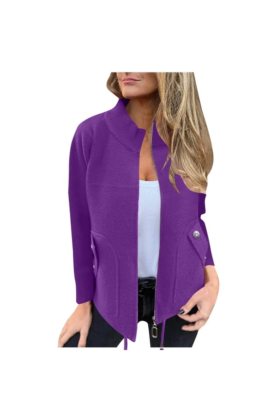 Womens Zipper Fleece Coats Fashion Casual Stand Collar Jackets Fall Winter Long Sleeve Solid Color Warm Lounge Outwear Tops