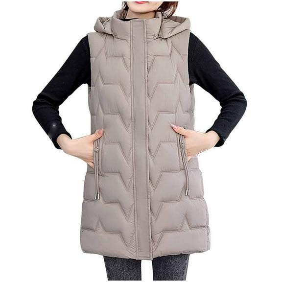 MELDVDIB Womens Zipper Long Puffer Vest Coats Fall Winter Sleeveless Hooded Jackets Warm Padded Light Weight Outwear with Pockets
