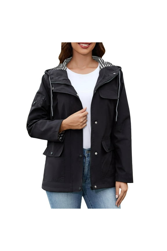Womens Zipper Windbreaker Waterproof Coat Solid Color Hooded Jackets Fall Winter Light Weight Outerwear Tops with Pocket