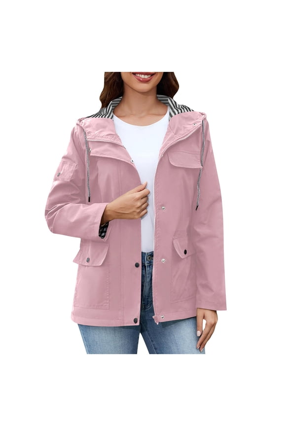 Womens Zipper Windbreaker Waterproof Coat Solid Color Hooded Jackets Fall Winter Light Weight Outerwear Tops with Pocket