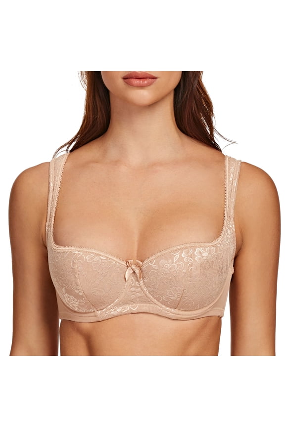 Balconette Underwire Sexy Lace Bra for Women Beige 34DD