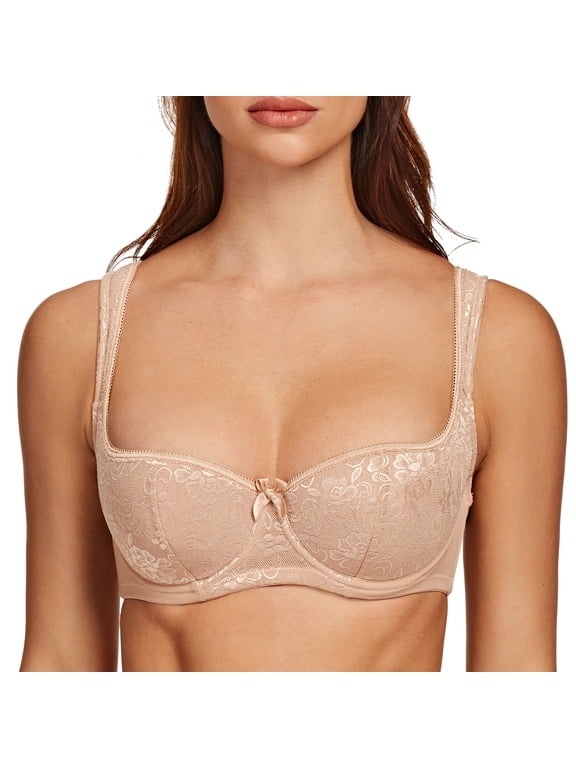 Balconette Underwire Sexy Lace Bra for Women Beige 34G