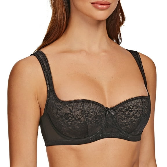 MELENECA Balconette Underwire Sexy Lace Bra for Women Black 32B