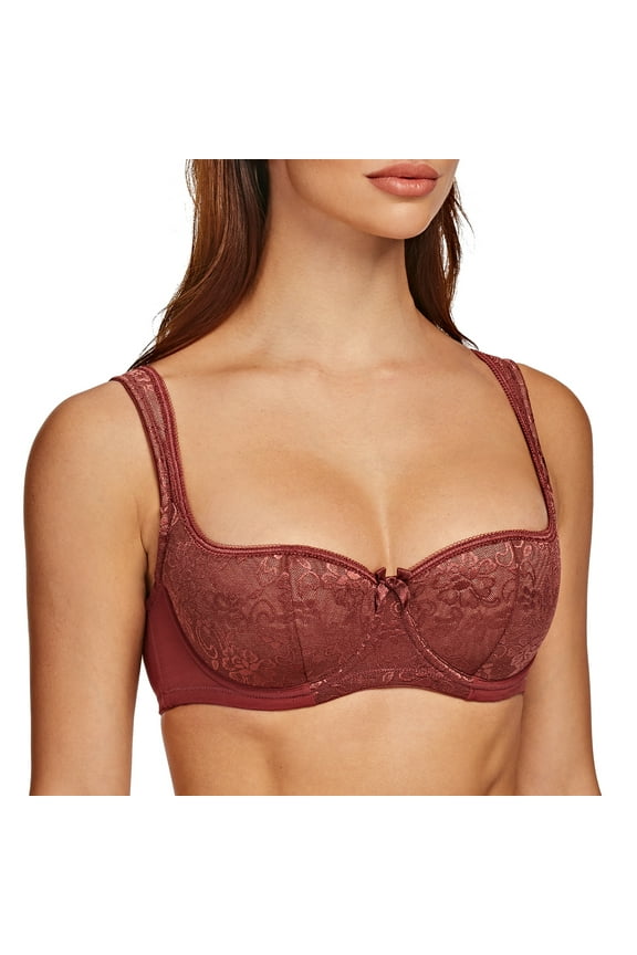 Balconette Underwire Sexy Lace Bra for Women Cabernet Red 32F
