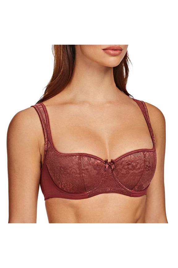Balconette Underwire Sexy Lace Bra for Women Cabernet Red 36D