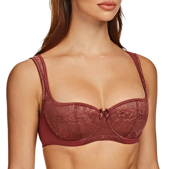 MELENECA Balconette Underwire Sexy Lace Bra for Women Cabernet Red 36G