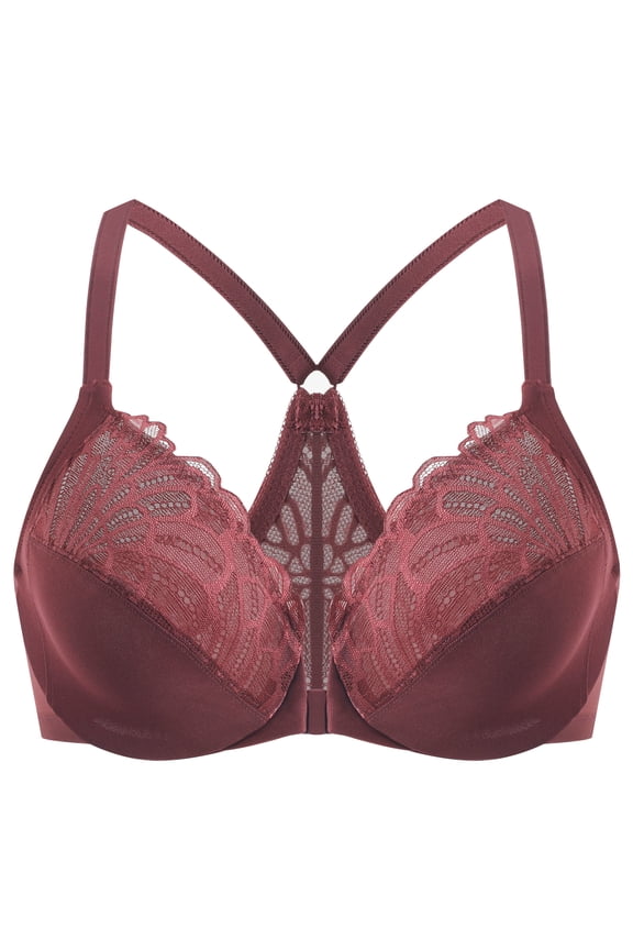 Female Racerback Front Closure Unlined Underwire Bra for Women Cabernet Red 46E