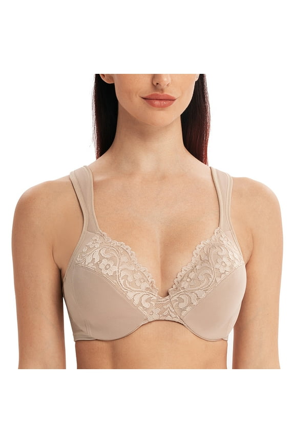 Women's Comfort Straps Full Coverage Minimizer Plus Size Lace Underwire Bra Beige 34E