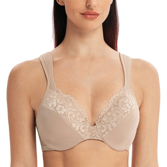 MELENECA Women's Comfort Straps Full Coverage Minimizer Plus Size Lace Underwire Bra Beige 40D