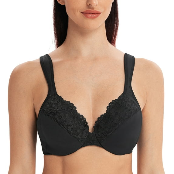 MELENECA Women's Comfort Straps Full Coverage Minimizer Plus Size Lace Underwire Bra Black 44I