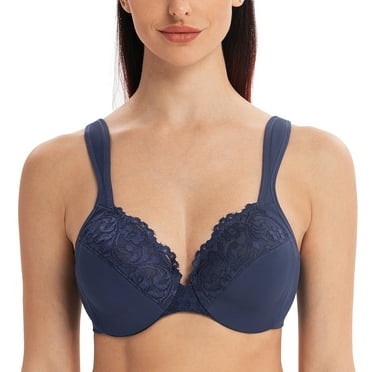 MELENECA Women's Comfort Straps Full Coverage Minimizer Plus Size Lace Underwire Bra Blue 34H
