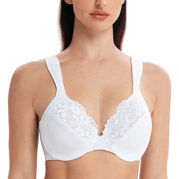 MELENECA Women's Comfort Straps Full Coverage Minimizer Plus Size Lace Underwire Bra White 38H