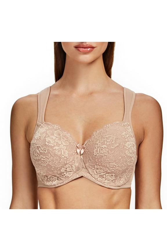 Women's Floral Lace Non-Padded Minimizer Full coverage Underwire Bra Beige-Lace 34F