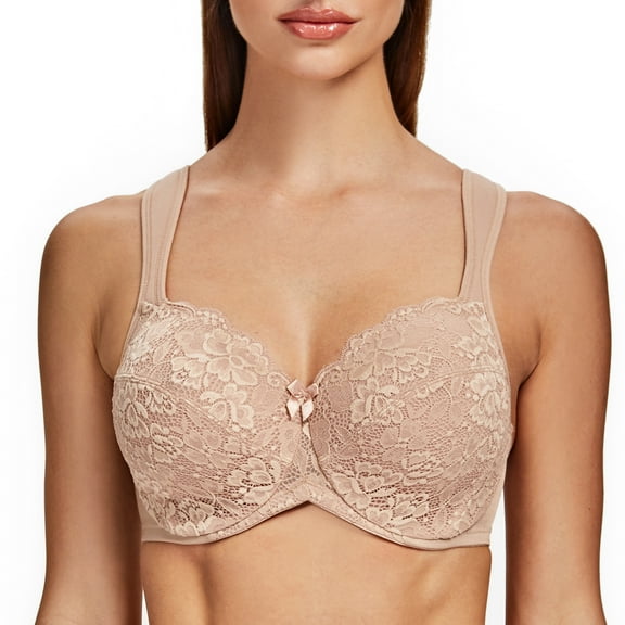 MELENECA Women's Floral Lace Non-Padded Minimizer Full coverage Underwire Bra Beige-Lace 44E