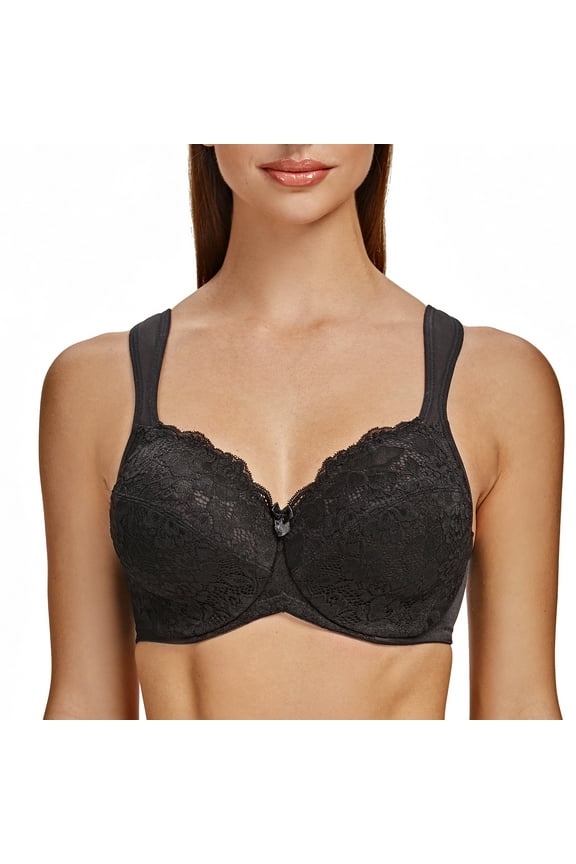 Women's Floral Lace Non-Padded Minimizer Full coverage Underwire Bra Black-Lace 34B