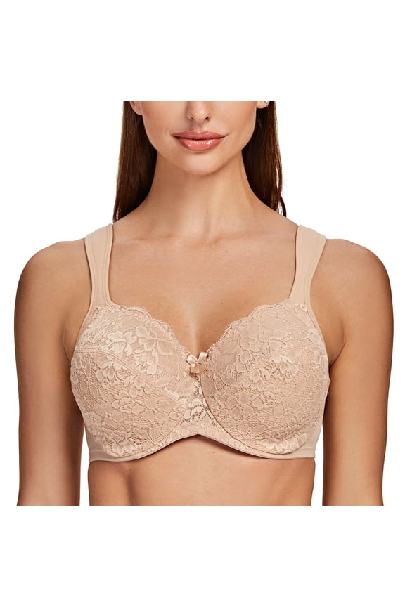 Women's Floral Lace Non-Padded Minimizer Full coverage Underwire Bra Pale Nude-Lace 48B